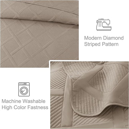 Exclusivo Mezcla Twin Size Quilt Set with Modern Striped Pattern, 2 Pieces Summer Lightweight Taupe Quilts Bedding Set, Soft Bedspreads Coverlets for All Seasons