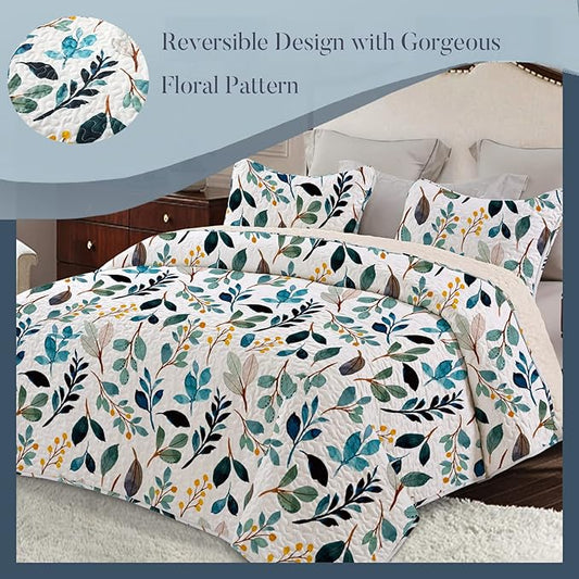 Whale Flotilla Reversible Printed Quilts Queen Size, Extra Soft Boho Floral Leaf Bedspreads for Bed Lightweight Full Queen Quilt Bedding Set Coverlets with 2 Pillow Shams for All Seasons, White Green