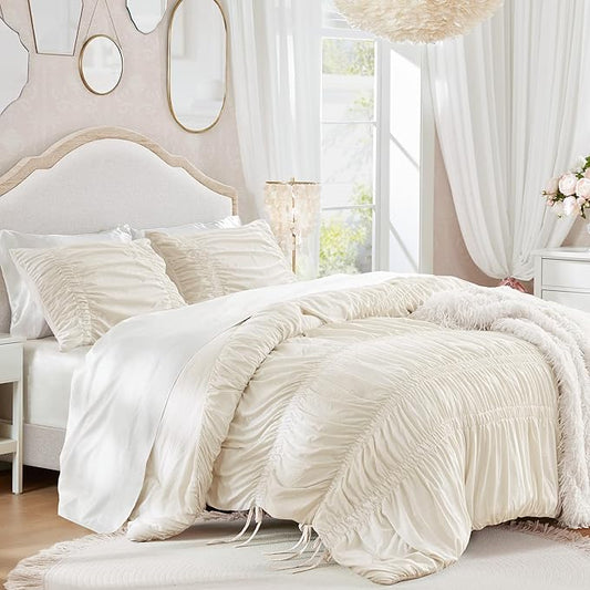 Intelligent Design Ruched Shabby Chic Comforters for King Size Bed, All Season Lightweight Comforter King, French Country Bedding Set, Sham, Ella, King/Cal King, Ivory, 3 Piece