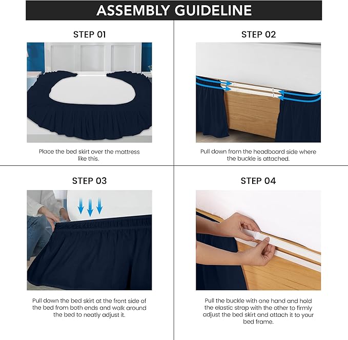 Utopia Bedding King Elastic Bed Ruffle - Easy Wrap Around Ruffle - Microfiber Bed Skirt with Adjustable Buckle & Elastic Belt, 16 Inch Tailored Drop - Hotel Quality Bedskirt, Fade Resistant (Navy)