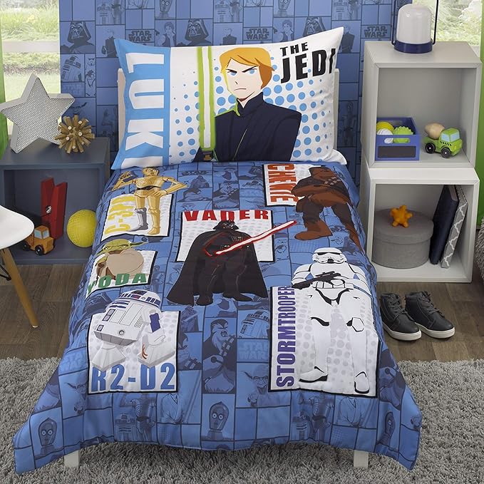 Disney Star Wars Galaxies Await 4 Piece Toddler Bedding Set Fitted Sheet, Pillow Case, Top Sheet, and Comforter Quilt - Blue