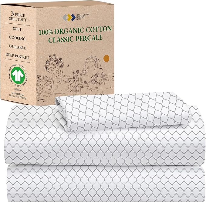 California Design Den Quatrefoil Grey Twin Sheet Set, 100% Organic Cotton Percale Sheets, Deep Pocket Twin Sheets & Pillowcase Set - Quatrefoil Grey
