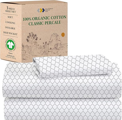 California Design Den Quatrefoil Grey Twin Sheet Set, 100% Organic Cotton Percale Sheets, Deep Pocket Twin Sheets & Pillowcase Set - Quatrefoil Grey