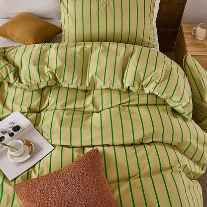 Merryword Striped Duvet Cover Set King Size - 100% Cotton Duvet Cover Set, Khaki & Green Stripes Pattern Comforter Cover 3 Pieces, Soft Linen Like Bedding Set for All Seasons