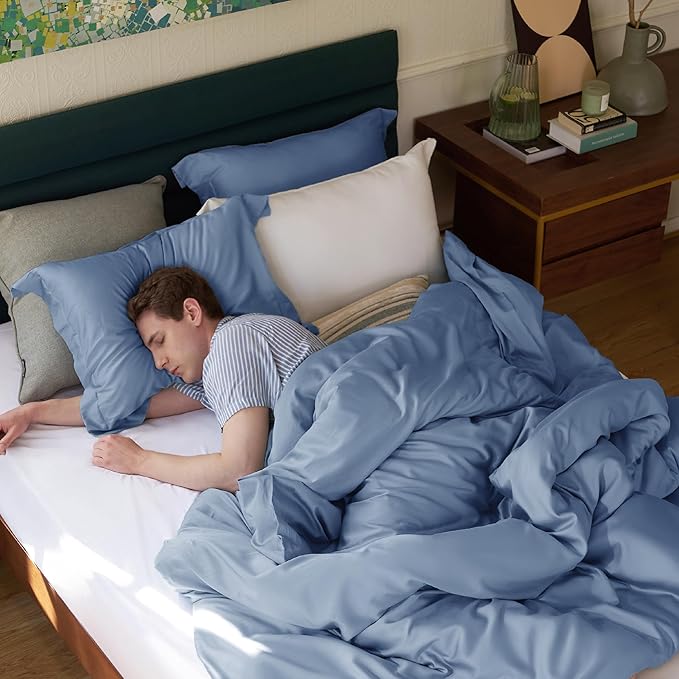 Bedsure Duvet Cover Queen Size - Moisture Wicking and Silky Eucalyptus Lyocell Cotton Hybrid Comforter Cover Set for Hot Sleeper - Buttery Soft and Breathable, Cooling Bedding Set, Slate Blue