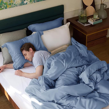 Bedsure Duvet Cover Queen Size - Moisture Wicking and Silky Eucalyptus Lyocell Cotton Hybrid Comforter Cover Set for Hot Sleeper - Buttery Soft and Breathable, Cooling Bedding Set, Slate Blue