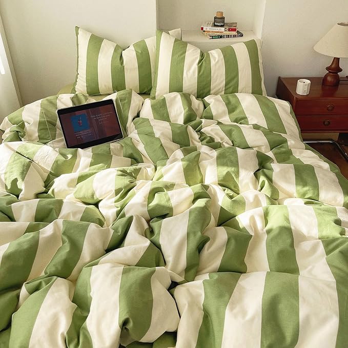 3 Pieces Striped Duvet Cover Set King, 100% Washed Microfber Sage Green and White Stripes Pattern Printed Comforter Cover, Farmhouse Striped Bedding Set Breathable Duvet Cover with Zipper Closure