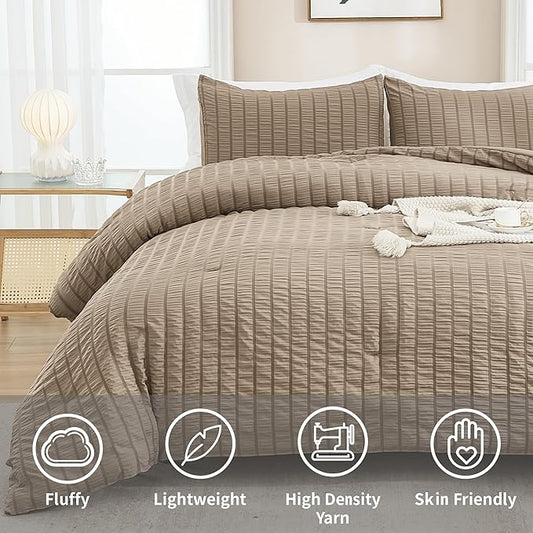 AveLom Taupe Seersucker California King Comforter Set (104x96 inches), 3 Pieces-100% Soft Washed Microfiber Lightweight Comforter with 2 Pillowcases, All Season Down Alternative Bedding Set