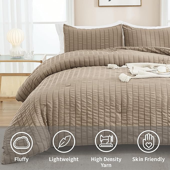 AveLom Taupe Seersucker Twin Comforter Set (68x90 inches), 2 Pieces-100% Soft Washed Microfiber Lightweight Comforter with 1 Pillowcase, All Season Down Alternative Comforter Set for Bedding