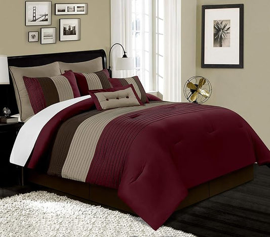 Chezmoi Collection Loft 8-Piece Luxury Striped Comforter Set (Queen, Burgundy/Coffee/Brown)