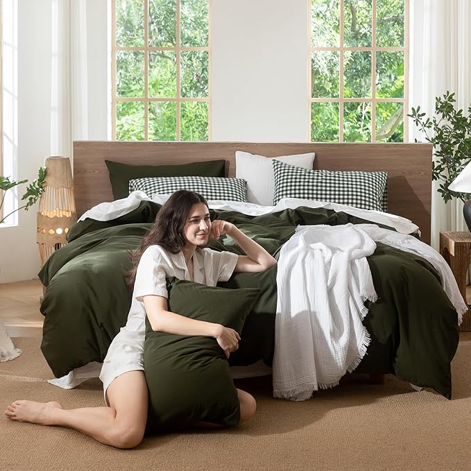 MooMee Bedding Duvet Cover Set 100% Washed Cotton Linen Like Textured Breathable Durable Soft Comfy (Solid Olive Green, Queen 90"x90")