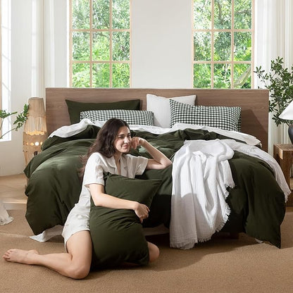 MooMee Bedding Duvet Cover Set 100% Washed Cotton Linen Like Textured Breathable Durable Soft Comfy (Solid Olive Green, Super Queen 90"x98")