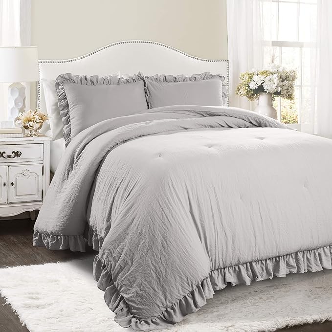 Lush Decor Reyna Ruffle Comforter Set, Full/Queen, Light Grey, 3 Piece Cozy Bedding Set