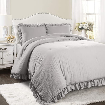 Lush Decor Reyna Ruffle Comforter Set, Full/Queen, Light Grey, 3 Piece Cozy Bedding Set