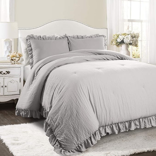 Lush Decor Reyna Ruffle Comforter Set, Full/Queen, Light Grey, 3 Piece Cozy Bedding Set