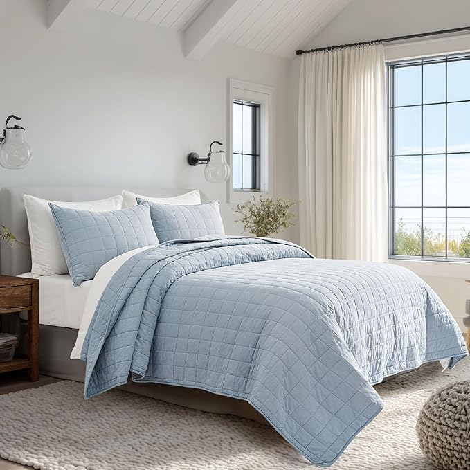 EVERGRACEHOME 100% Cotton Box Stitch Quilt Bedding Set King Size 3 Pieces, Garment-Washed Lightweight Soft Cozy Coverlet, Oversized Quilted Bedspread Sets with 2 Shams for All Season, Blue Linen