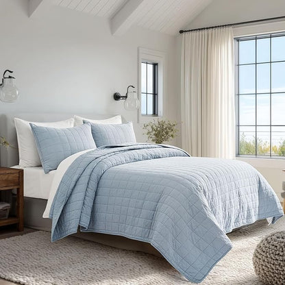 EVERGRACEHOME 100% Cotton Box Stitch Quilt Bedding Set King Size 3 Pieces, Garment-Washed Lightweight Soft Cozy Coverlet, Oversized Quilted Bedspread Sets with 2 Shams for All Season, Blue Linen