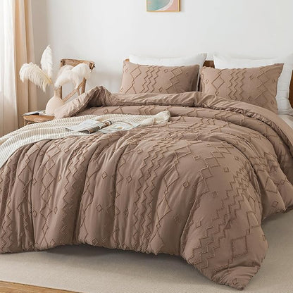 Andency Taupe Tufted Comforter Set Queen(90x90Inch), 3 Pieces(1 Boho Comforter, 2 Pillowcases) Textured Farmhouse Bed, Soft Microfiber Down Alternative Geometric Bedding Set
