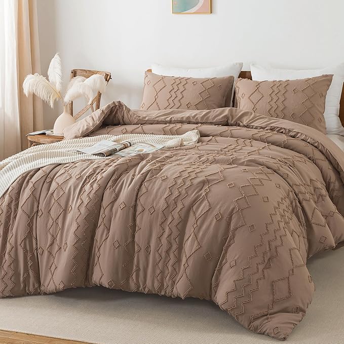 Andency Taupe Tufted Comforter Set California King(104x96Inch), 3 Pieces(1 Boho Comforter, 2 Pillowcases) Textured Farmhouse Bedding, Soft Microfiber Down Alternative Geometric Set