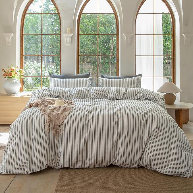 Striped Duvet Cover Set,100% Washed Cotton Line Like Breathable Trendy Bedding Set(Strip-White/Black,Twin)