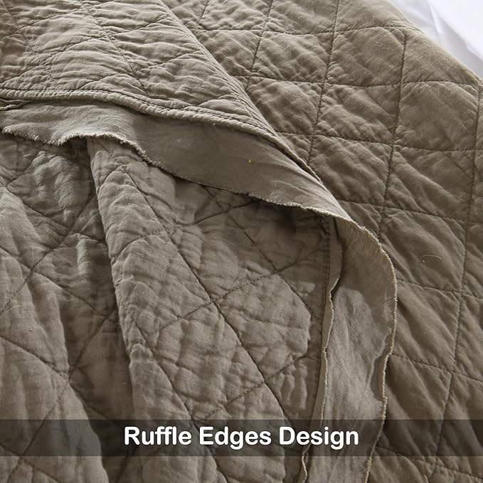 HORIMOTE HOME 100% Linen Front/100% Cotton Back Quilt Set King Size, Olive Green Pre-Washed European Flax Linen Quilt, Diamond Stitch Bedspread Coverlet Bedding Set 3-Piece for All Seasons