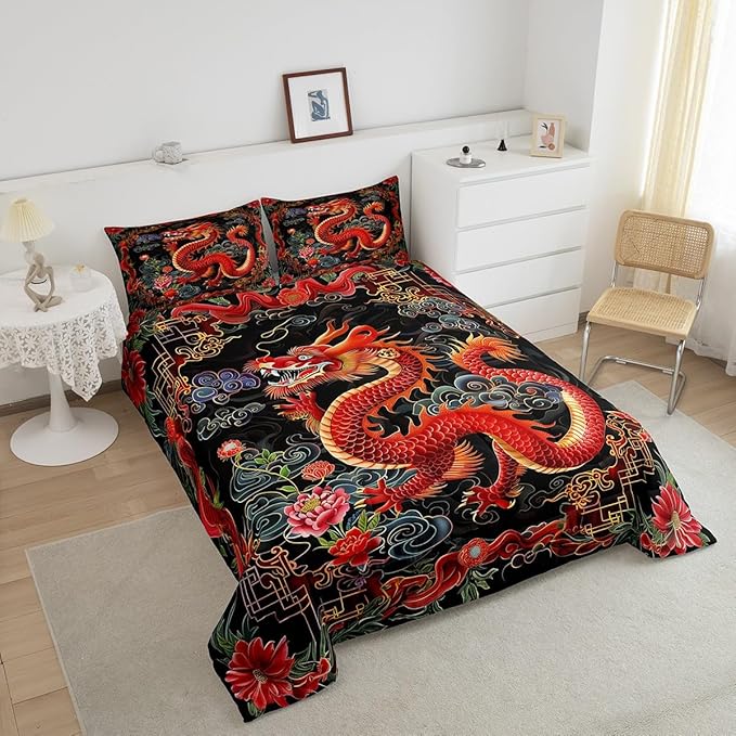 Castle Fairy Chinese Loong 3 Pcs Queen Size Comforter Set,Exotic Chinese Style Down Alternative Adults Bedroom Decor,Watercolor Flowers Ultra Soft Microfiber Inner Fill 3Pcs Bedding
