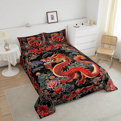 Castle Fairy Chinese Loong 3 Pcs Queen Size Comforter Set,Exotic Chinese Style Down Alternative Adults Bedroom Decor,Watercolor Flowers Ultra Soft Microfiber Inner Fill 3Pcs Bedding