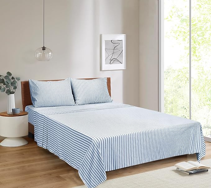 Mejoroom Striped Queen Size Sheet Set - Hotel Luxury 1800 Bedding Sheets & Pillowcases - Deep Pocket Fitted Sheet, Soft, Breathable, Wrinkle & Fade Resistant - 4 Piece (Blue Stripe)