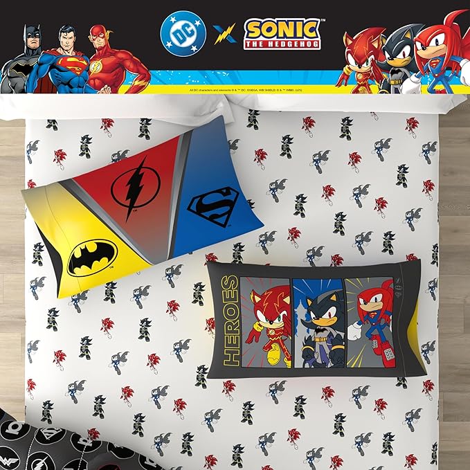 DC x Sonic The Hedgehog Kids Bedding Set, Full Size, 5-Piece Super Soft Cozy Reversible Comforter & Sheet Set (Officially Licensed Product) by Franco | Durable, Reversible, Officially Licensed
