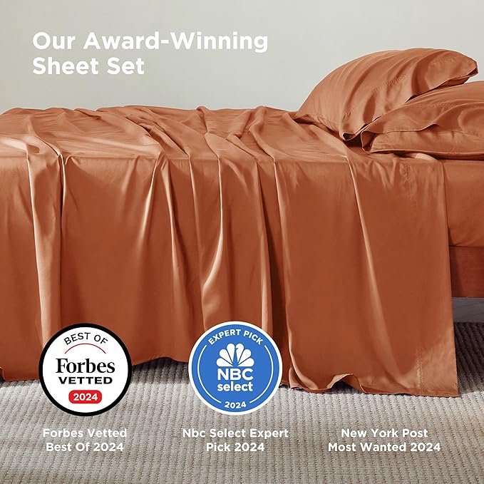 Bedsure Queen Sheet Set, Rayon Derived from Bamboo, Cooling Sheets, PureWoven, Breathable & Soft, Deep Pocket Up to 16 Inches, Hotel Luxury Silky Bedding for Hot Sleepers, Burnt Orange