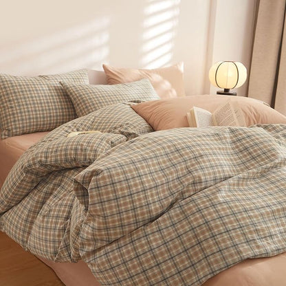 HighBuy Khaki Gingham Comforter Set Queen Modern Chic Plaid Comforter Set 3 Pieces Soft Fluffy Grid Checkered Patchwork Pattern Comforter with 2 Pillowcases Gingham Plaid Bedding Set Queen