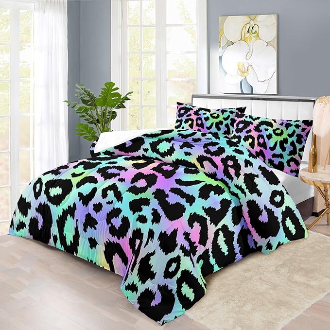 Rainbow Leopard Print Comforter Set Full Girls Colorful Cheetah Comforter Full Animal Leopard Print Bedding Set Women Purple Cheetah Bedding Quilt Bedroom Decor