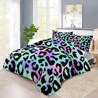 Rainbow Leopard Print Comforter Set Full Girls Colorful Cheetah Comforter Full Animal Leopard Print Bedding Set Women Purple Cheetah Bedding Quilt Bedroom Decor