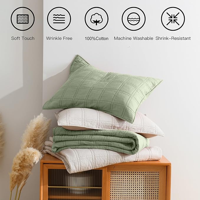 HORIMOTE HOME 100% Cotton Quilt Set Queen Size, Sage Green Pre-Washed Bedspreads Coverlet Set in Geometric Pattern, Cozy Lightweight Stitching Decorative Bedding Cover with 2 Shams for All Season