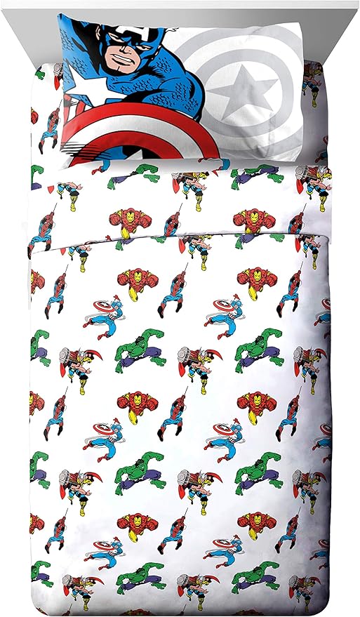 Jay Franco Kids Sheet Cartoon Set with Fitted, Flat Sheets & Pillow Cover - Ultra-Soft Bedding with Pillowcase for Room Decor, White - Avengers, 3 Piece Twin