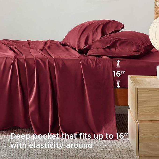 Bedsure Full Size Bed Sheets, Cooling Sheets, Rayon Derived from Bamboo, PureWoven, Breathable & Soft, Deep Pocket Up to 16 Inches, Hotel Luxury Silky Bedding for Hot Sleepers, Burgundy