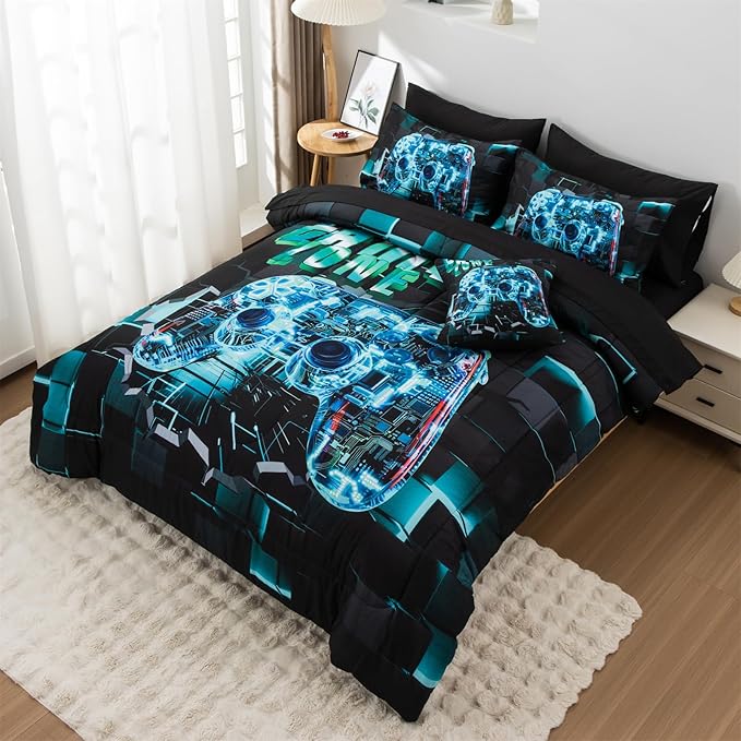 Aimuan Gamer Gaming Bedding Sets 3D Gamepad Comforter Sets for Boys Games Console Action Buttons Novelty Colorful Game Controller Modern Room Decor Home Quilt Set (Cyan, Full 6PCS)