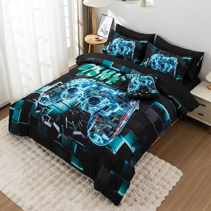 Aimuan Gamer Gaming Bedding Sets 3D Gamepad Comforter Sets for Boys Games Console Action Buttons Novelty Colorful Game Controller Modern Room Decor Home Quilt Set (Cyan, Full 6PCS)