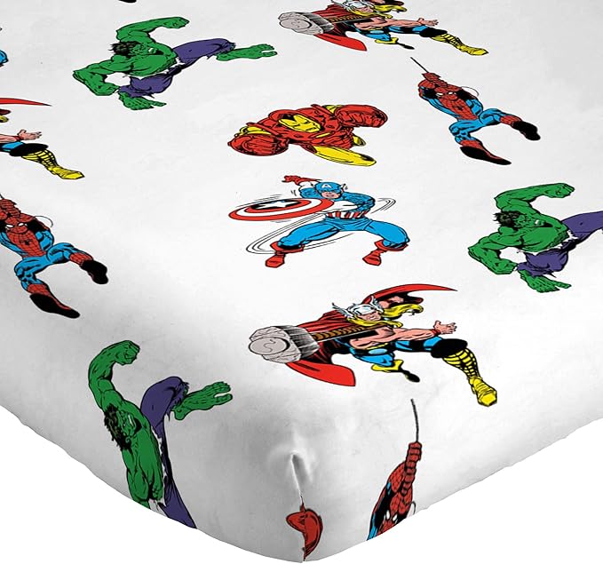 Jay Franco Kids Sheet Cartoon Set with Fitted, Flat Sheets & Pillow Cover - Ultra-Soft Bedding with Pillowcase for Room Decor, White - Avengers, 4 Piece Queen