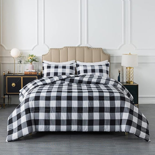 Caressma Buffalo Plaid Comforter Set King, Black White Grid Plaid Comforter Bedding Set for All Seasons, Classic Gingham Pattern Print Soft Microfiber 3 Pieces Comforter with Pillowcases
