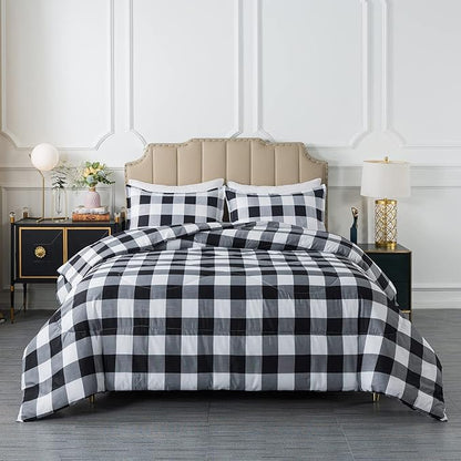 Caressma Plaid Comforter Set Twin - Black White Buffalo Checkered Comforter Bedding Set for All Seasons, Classic Gingham Pattern Soft Microfiber Comforter with Pillowsham