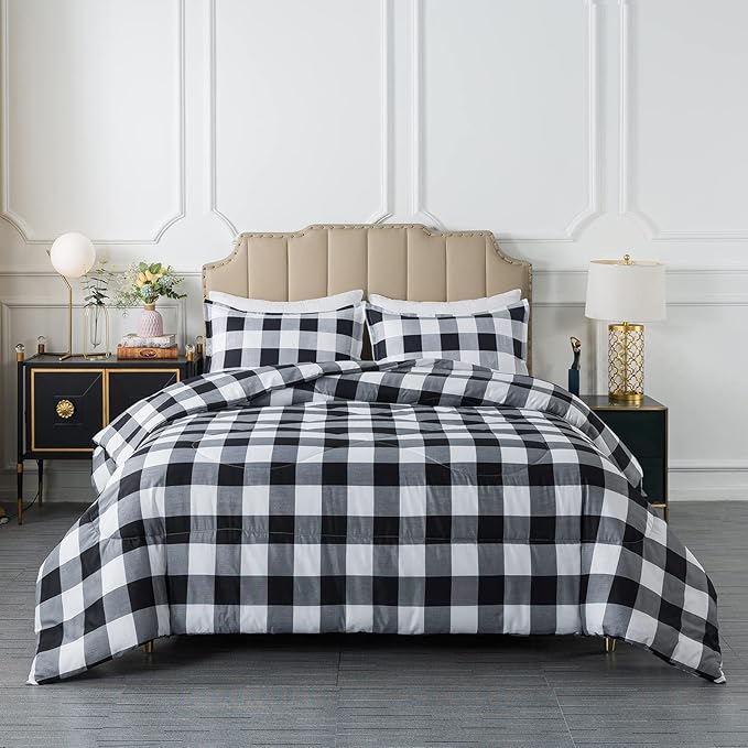 Caressma Buffalo Plaid Comforter Set Queen, Black White Buffalo Plaid Comforter Bedding Set for All Seasons, Classic Gingham Pattern Print Soft Microfiber 3 Pieces Comforter with Pillowcases