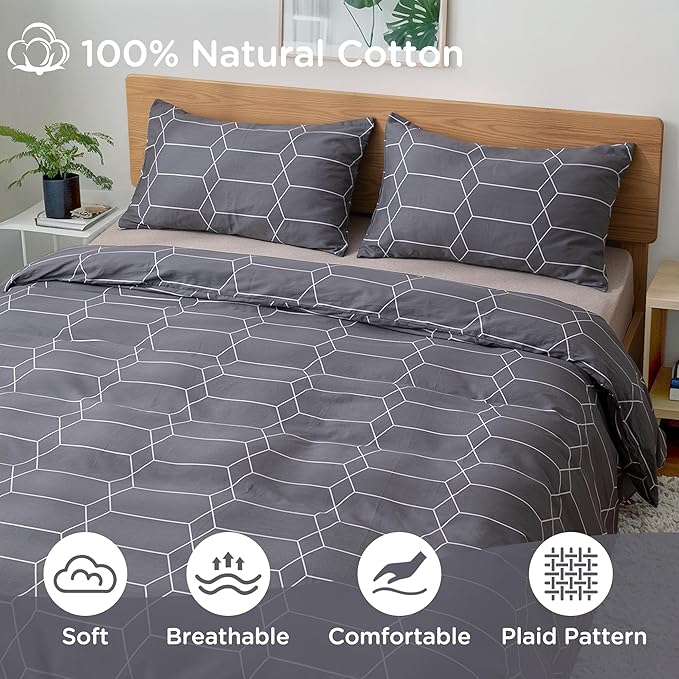 TOCOMOA Plaid Duvet Cover Set 100% Natural Cotton Soft Comfy Breathable 3 Piece Grey and White Pattern Printed Comforter Cover Bedding Set (King 104"x90", Comforter Not Included)