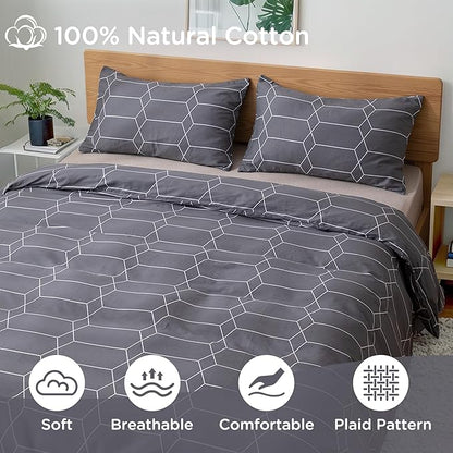 TOCOMOA Plaid Duvet Cover Set 100% Natural Cotton Soft Comfy Breathable 3 Piece Grey and White Pattern Printed Comforter Cover Bedding Set (King 104"x90", Comforter Not Included)