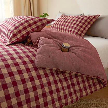 Cyusri Cotton Plaid King Comforter Set - Soft Lightweight Bedding 3 Pieces Dyed Bed Set with 2 Pillow Shams,Reversible All Season Farmhouse Down Alternative(King Size 104"x90" Retro Red)