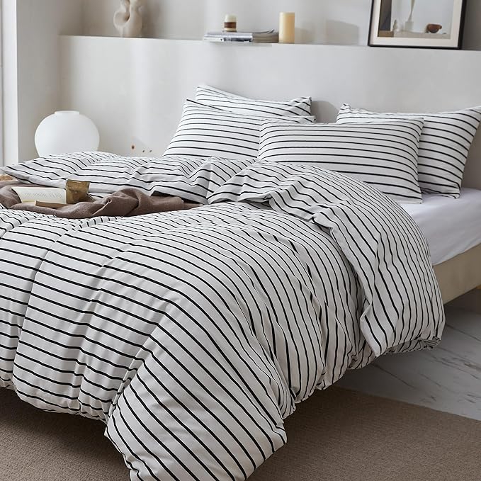 JELLYMONI 100% Natural Cotton 2pcs Striped Duvet Cover Sets, White Duvet Cover with Thick Black Stripes Pattern Printed Comforter Cover, with Zipper Closure & Corner Ties(Twin Size)