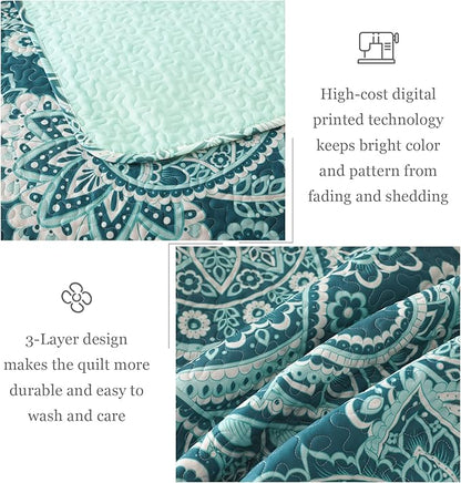 Whale Flotilla Reversible Printed Quilts Queen Size, Extra Soft Boho Paisley Floral Bedspreads for Bed Lightweight Full Queen Quilt Bedding Set Coverlets with 2 Pillow Shams for All Seasons, Turquoise
