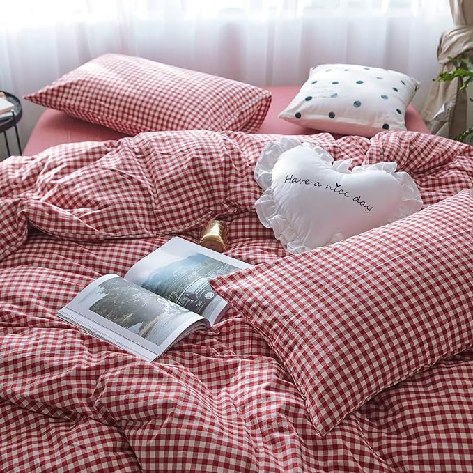 mixinni Red Gingham Comforter Set Queen, Plaid Comforter Set 3 Pieces 1 Red Grid Comfoter with 2 Pillow Cases for All Seasons, Soft Fluffy Modern Grid Pattern Printed Bedding-Queen Size