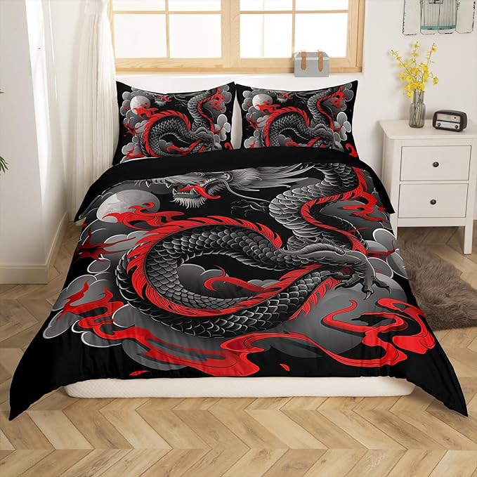 Feelyou Dragon Bedding Set Toddler Size Kids Japanese Ukiyoe Comforter Cover Set Japanese Style 3D Dragon Anime Ancient Wildlife Sun Duvet Cover Black Bedspread Cover Quilt Cover,No Comforter