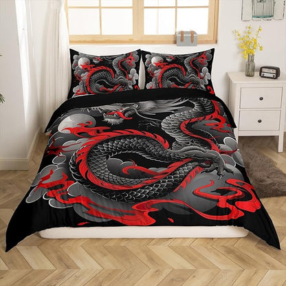 Feelyou Dragon Bedding Set Toddler Size Kids Japanese Ukiyoe Comforter Cover Set Japanese Style 3D Dragon Anime Ancient Wildlife Sun Duvet Cover Black Bedspread Cover Quilt Cover,No Comforter
